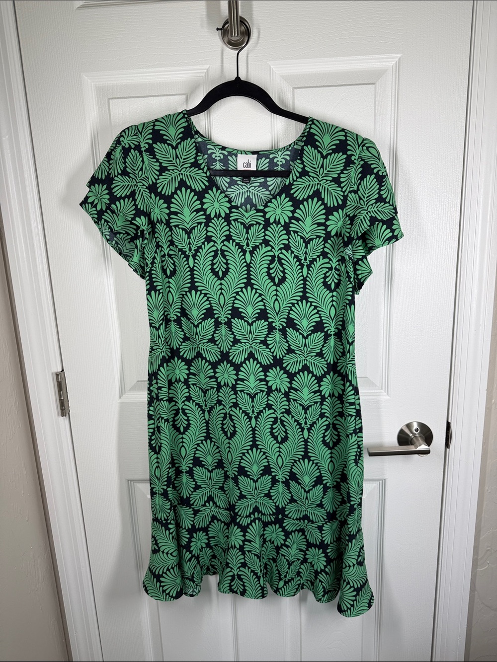 Cabi Palmette dress green and dark navy blue with ruffle accents size small